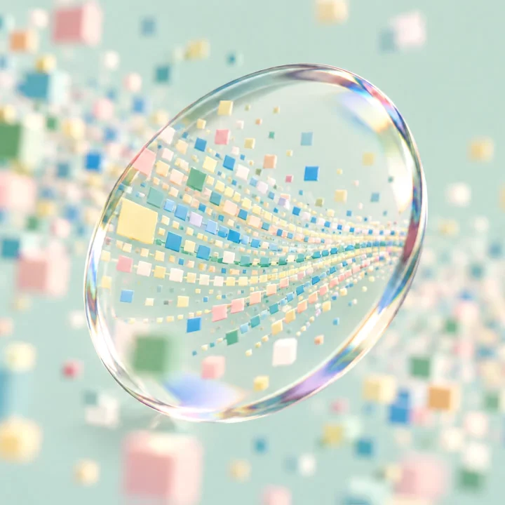 A glass lens brings scattered pastel pixels into sharp, organised detail.