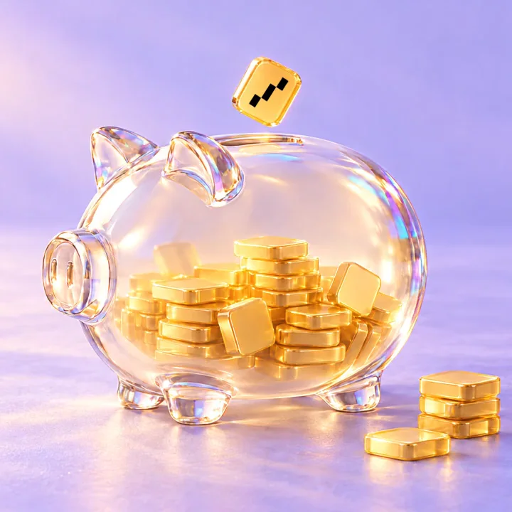 A glass piggy bank holds golden coins as a branded coin drops into its slot, illustrating AI cost savings.